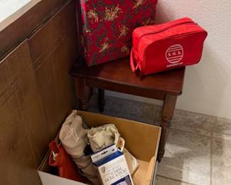 Small wood table, heating pads, christmas box