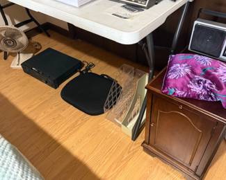 Small wood cabinet with pull out drink table, bean bag pillow, radio, file holders