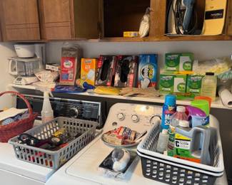 chemicals, cleaning items, coffee pot, iron and can opener