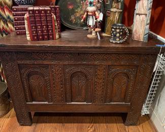 Antique English Oak Carved Coffer or Blanket Chest