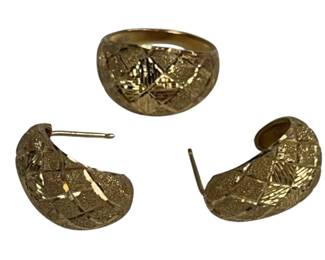 14KT Gold Jewelry: Estate Set Diamond Cut Texture Sz6 Ring & Earrings 7.3g
