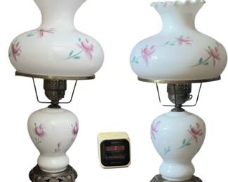 Pair Milk Glass Hand Painted Pink Flowers Boudoir Table Lamps Ornate Base
