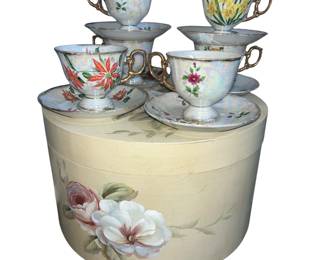 Vintage JAPAN Ucago Tea Cups Luster Ware Flower of the Month + Box