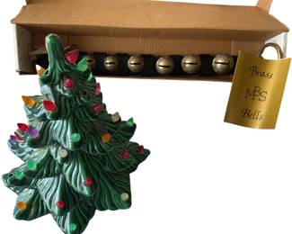 Ceramic Lighted Christmas Tree & Brass Bells