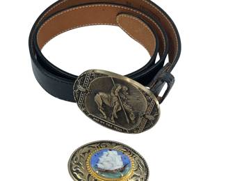 Vintage Western Belt Buckles Handpainted Sailing Ship Cast Metal Wounded Warrior