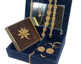 Vintage Costume Jewelry AVON Gold Necklace Bracelet Earrings Set Ornate Flower Brooch & More