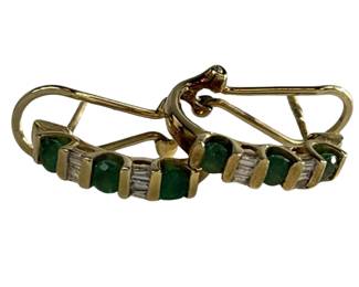 10KT Gold Jewelry Emerald Clear Green Stone Pierced Earrings 3.0g Omega Clip