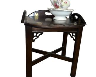 Wood End Table w/ Inlays & Side Wings w/ Vintage Floral Basin & Pitcher