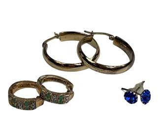 Sterling Silver 3 Earrings Blue Green Stones Gold Plated