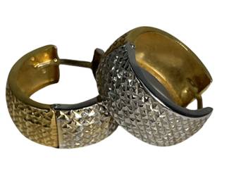 14KT Gold Jewelry: Pierced Earrings Yellow & White Hinged Hoops Diamond Cut Texture 3.0g