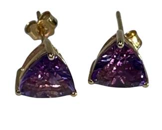 14KT Gold Jewelry Triangle Amethyst Stud Earrings 1.7g