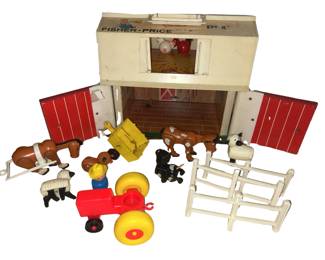 Vintage Fisher Price Farm Barn Tractor Cow Horse Sheep Dog Pig Farmer Chickens