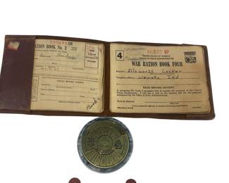 WWII War Ration Books Leather Wallet Tax Tokens + Perpetual Calendar Marble Brass