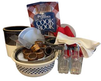 Vintage Crock Applesauce Sieve Mixing Bowls Oil Vinegar Napkin Rings