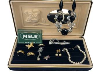 Vintage Costume Jewelry in Case Earrings Clip Pierced Bracelet 925 Cocktail Ring