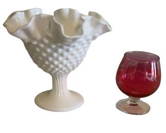 Fenton Milk Glass Hobnail Ruffled Edge Vase Compote & Cranberry Flash Cut To Clear Snifter