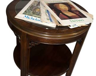 Wooden End Table w/ Bottom Shelf & Inlays, Glass Top w/ Vintage Artist Books