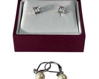 New Helzberg Diamonds Sterling Earrings Sets Square Cut & Faux Pearl