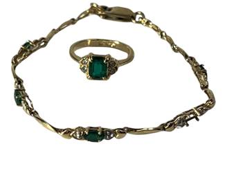 14/20 Heavy 14K Gold Plate Green Clear Stone Bracelet Missing Stone +Cocktail Ring AVON