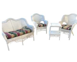 White Wicker Outdoor Furniture Set: Love Seat, 2 Chairs & Side Table