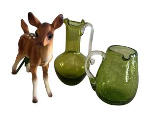Blenko Glass Green Crackle Pitcher Pilgrim? Ewer Vintage Dickson Fawn Figure