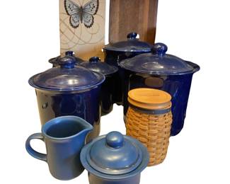 Cobalt Blue Ceramic Canisters Set Longaberger Basket Bank Vintage Kitchen Decor