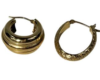 14KT Gold Jewelry: 2 Single Hoop Earrings Engraved Pattern Puffy Tubes 1.7g