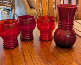 Ruby Red Imperial tumblers and Anchor Hocking vase