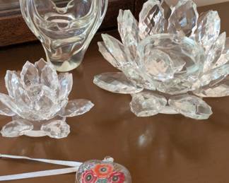 Lotus flower candle holders and vintage clear glass basket