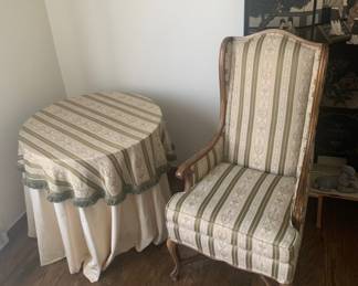 Accent chair custom upholstered with matching drape table