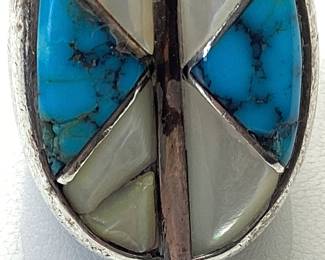 VTG. SOUTHWESTERN MENS RING SIZE 9.5 SOUTHWESTERN MENS RING FEATURING TURQUOISE AND MOTHER OF PEARL ACCENTS (DAMAGE AT ONE M.O.P. SETTING)