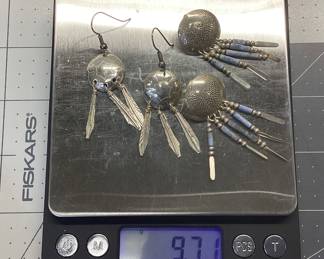 STERLING SILVER SOUTHWESTERN EARRING LOT TWO PAIR OF SOUTHWESTERN INSPIRED EARRINGS WITH TOTAL WEIGHT 9.71 GRAMS. (ONE SILVER TASSEL MISSING ON EAGLE AND STONE PAIR)