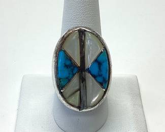 VTG. SOUTHWESTERN MENS RING SIZE 9.5 SOUTHWESTERN MENS RING FEATURING TURQUOISE AND MOTHER OF PEARL ACCENTS (DAMAGE AT ONE M.O.P. SETTING)