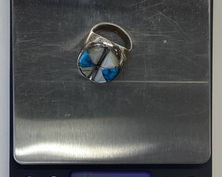 VTG. SOUTHWESTERN MENS RING SIZE 9.5 SOUTHWESTERN MENS RING FEATURING TURQUOISE AND MOTHER OF PEARL ACCENTS (DAMAGE AT ONE M.O.P. SETTING)