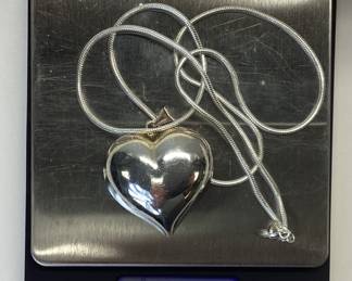 STERLING SILVER CHAIN, HEART, LABRADORITE LOT STERLING SILVER 23 INCH SNAKE CHAIN WITH LARGE HEART PENDANT (SMALL DENT) AND CABOCHON LABRADORITE PENDANT.