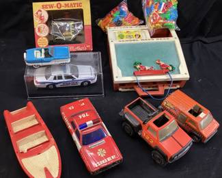 ASSORTED VTG. TOYS, BUDDY L REBEL VAN, FISHER PRICE PLAY DESK, FIRE CHIEF CAR, POLICE CAR
