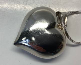 STERLING SILVER CHAIN, HEART, LABRADORITE LOT STERLING SILVER 23 INCH SNAKE CHAIN WITH LARGE HEART PENDANT (SMALL DENT) AND CABOCHON LABRADORITE PENDANT.