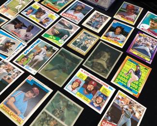 ASSORTED BASEBALL CARDS, O-PEE-CHEE, TOPPS, DONRUSS, RAISTON PURINA, HANK AARON, RICKY HENDERSON, NOLAN RYAN, ROBIN YOUNT, GEORGE BRETT, BRET SABERHAGEN, JOE MORGAN, TIM RAINES, FERNANDO VALENZUELA, BRETT SUTTER, REGGIE JACKSON,