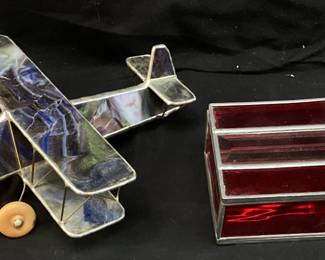 (2) STAINED GLASS AIRPLANE & KEEPSAKE BOX
