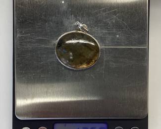 STERLING SILVER CHAIN, HEART, LABRADORITE LOT STERLING SILVER 23 INCH SNAKE CHAIN WITH LARGE HEART PENDANT (SMALL DENT) AND CABOCHON LABRADORITE PENDANT.