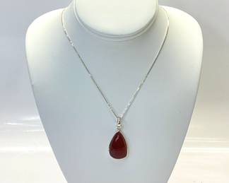 STERLING SILVER CHAIN, AMBER PENDANT AND RING LOT STERLING SILVER 20 INCH CHAIN WITH TEARDROP AMBER PENDANT AND SIZE 7.5 CABOCHON AMBER RING