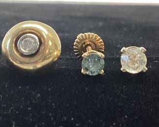 3 DIAMOND SOLITAIRE EARRINGS, 14K SINGLES 20PT DIAMOND SOLITAIRE IN 14K WHITE SETTING. 15PT BLUE DIAMOND SOLITAIRE DIAMOND IN 14K YELLOW GOLD. 14K YELLOW GOLD DOME SETTING WITH 8PT DIAMOND. TOTAL WEIGHT IS 1.5 GRAMS. CARAT SIZES ARE APPROXIMATE.