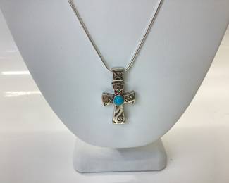 STERLING SILVER CHAIN AND CROSS PENDANT 24 INCH SNAKE CHAIN WITH 1.5 INCH TALL CROSS FEATURING A ROUND CABOCHON TURQUOISE