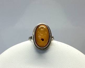 STERLING SILVER CHAIN, AMBER PENDANT AND RING LOT STERLING SILVER 20 INCH CHAIN WITH TEARDROP AMBER PENDANT AND SIZE 7.5 CABOCHON AMBER RING