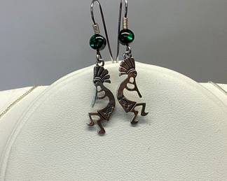 STERLING SILVER KOKOPELLI SET STERLING SILVER 20 INCH BOX CHAIN WITH 2.5 INCH KOKOPELLI PENDANT AND KOKOPELLI DANGLE EARRINGS