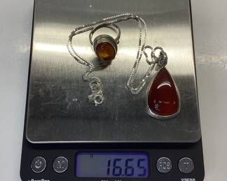 STERLING SILVER CHAIN, AMBER PENDANT AND RING LOT STERLING SILVER 20 INCH CHAIN WITH TEARDROP AMBER PENDANT AND SIZE 7.5 CABOCHON AMBER RING