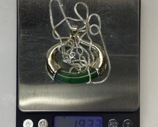 STERLING SILVER CHAIN AND JADE PENDANT 28 INCH STERLING SILVER BOX LINK CHAIN WITH WONDERFUL CUSTOM STERLING SILVER PENDANT FEATURING JADE