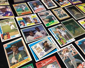 ASSORTED BASEBALL CARDS, O-PEE-CHEE, TOPPS, DONRUSS, RAISTON PURINA, HANK AARON, RICKY HENDERSON, NOLAN RYAN, ROBIN YOUNT, GEORGE BRETT, BRET SABERHAGEN, JOE MORGAN, TIM RAINES, FERNANDO VALENZUELA, BRETT SUTTER, REGGIE JACKSON,