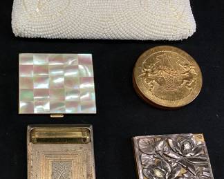 VTG. COMPACT MIRRORS & WHITE BEADED CLUTCH PURSE BRASS COMPACT, MOTHER OF PEARL COMPACT