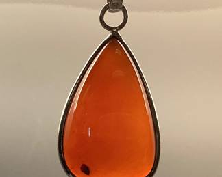 STERLING SILVER CHAIN, AMBER PENDANT AND RING LOT STERLING SILVER 20 INCH CHAIN WITH TEARDROP AMBER PENDANT AND SIZE 7.5 CABOCHON AMBER RING